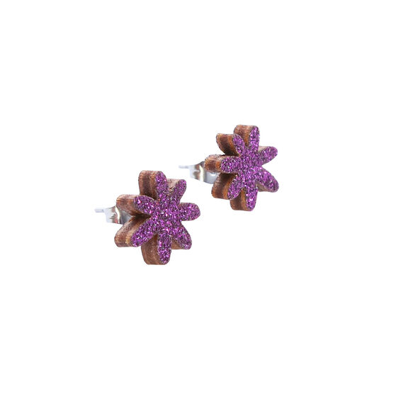 Aubergine purple glitter flower stud earrings